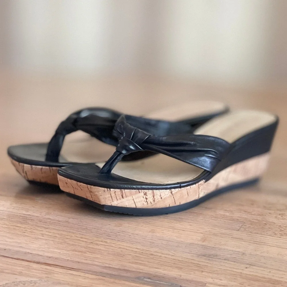 Nine West Womens Black Knotted Wedge Sandals Cork Platform Square Toe Size 7M